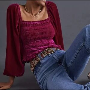 Anthropologie purple Smocked Velvet Top Small S New NWT Puff Sleeve RARE HTF